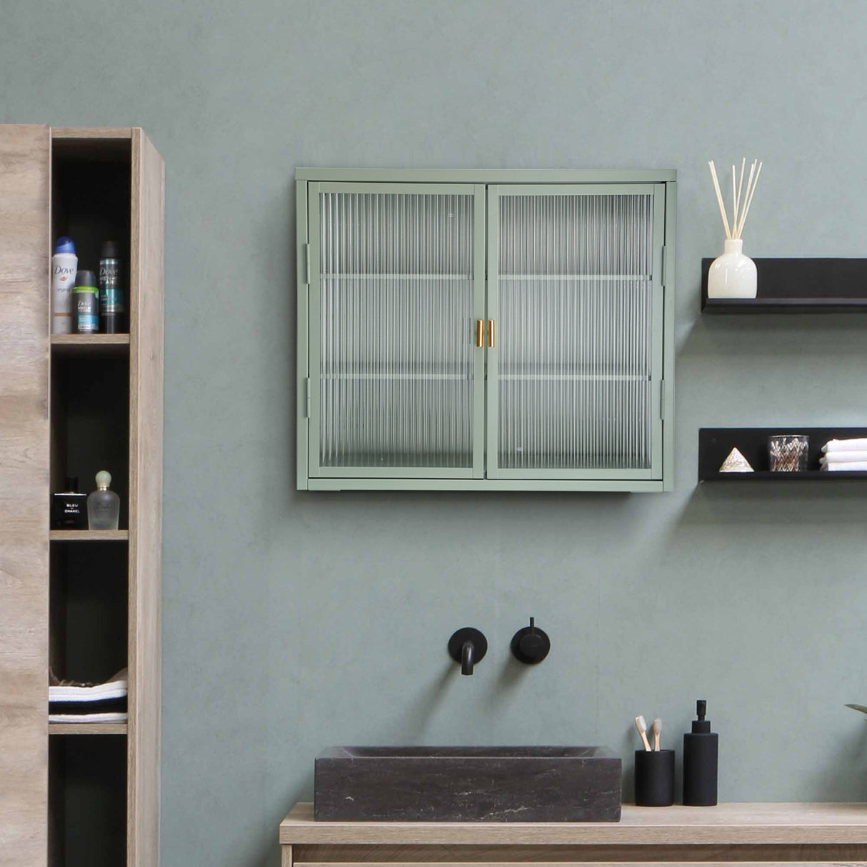 Retro Style Haze Double Glass Door Wall Cabinet With Detachable Shelves for Office Dining Room Living Room Kitchen