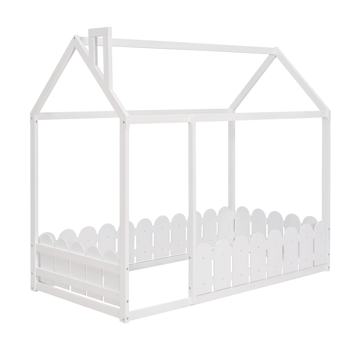 {Slats are not included}Twin Size Wood Bed House Bed Frame with Fence for KidsTeens Girls Boys {White}