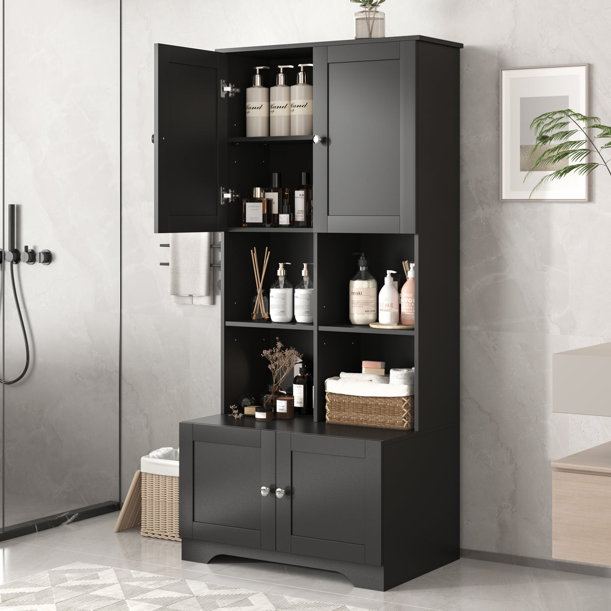 Bathroom storage cabinet, 4-door independent cabinet, adjustable shelf, open multi-layer shelf, black - V.I.P Digital Presence