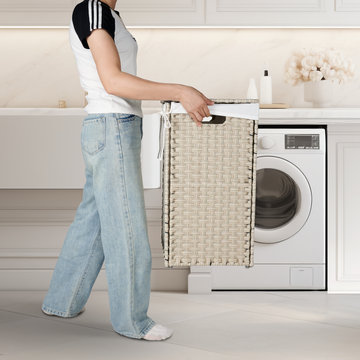 Laundry Hamper With Lid PE Rattan Powder Coating Frame Clothes Hampers with 02 Removable Bags, 100L, Grey Color - V.I.P Digital Presence