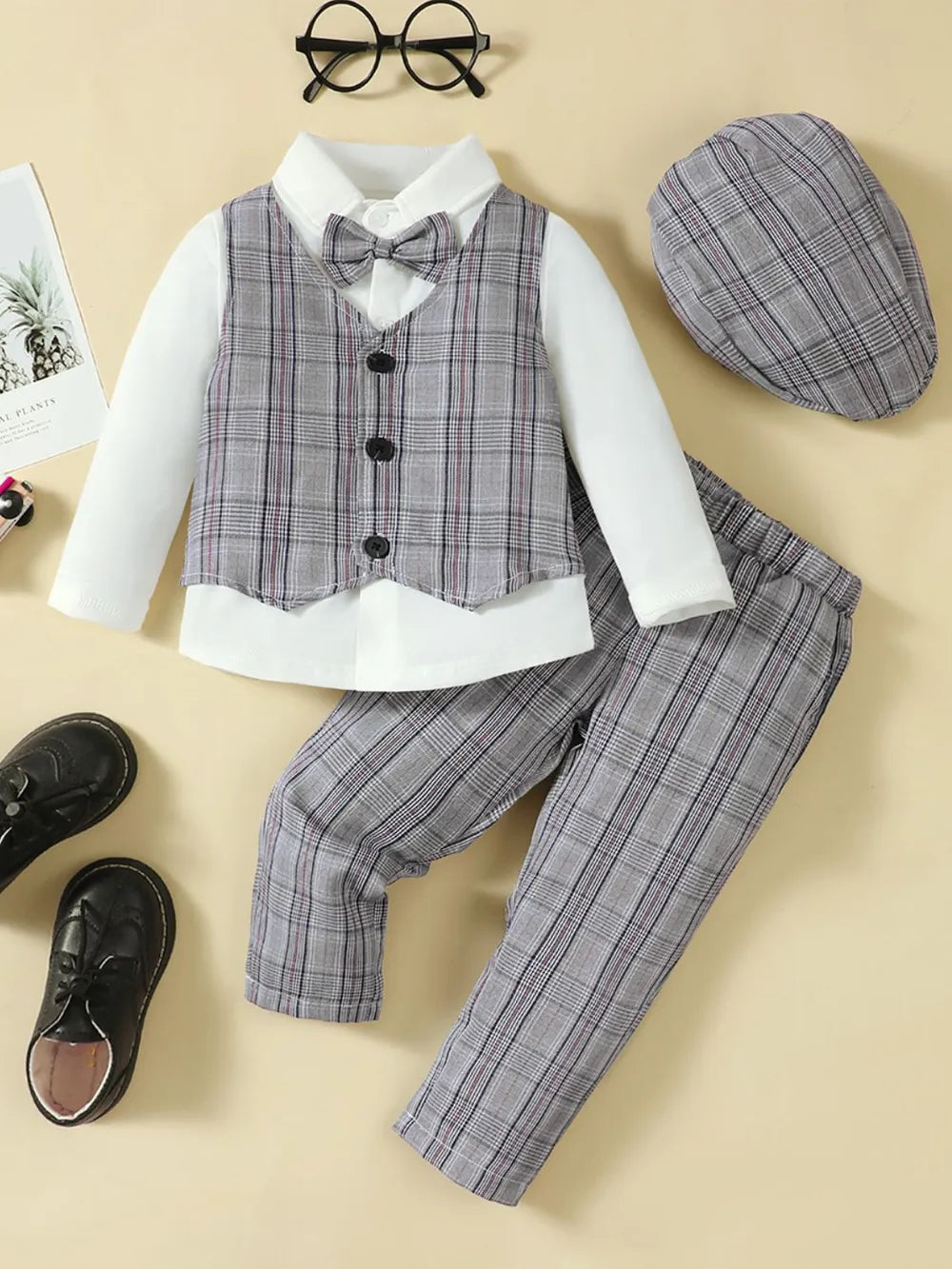 Hat, Long Sleeve Shirt, Plaid Vest and Pants 4-Piece Set - V.I.P Digital Presence