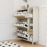 Natural Bohemian style shoe cabinet with 3 rattan flip drawers, 3 square shelves, and 1 storage drawer, white - V.I.P Digital Presence