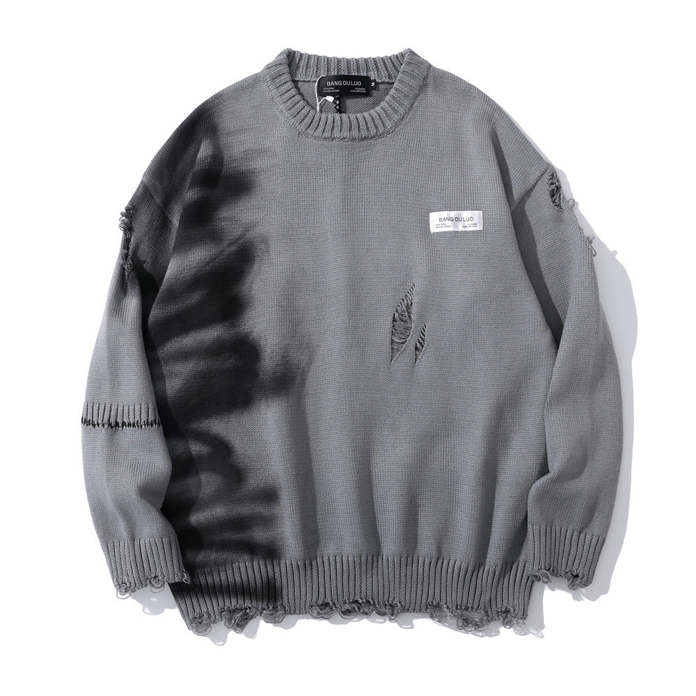 Graffiti Print Crew Neck Knit Sweater Men's Loose Fit Pullover with Hem Holes Street Style Trendy Design - V.I.P Digital Presence