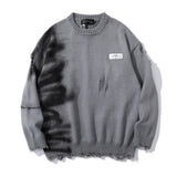 Graffiti Print Crew Neck Knit Sweater Men's Loose Fit Pullover with Hem Holes Street Style Trendy Design - V.I.P Digital Presence