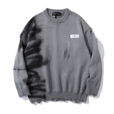 Graffiti Print Crew Neck Knit Sweater Men's Loose Fit Pullover with Hem Holes Street Style Trendy Design - V.I.P Digital Presence