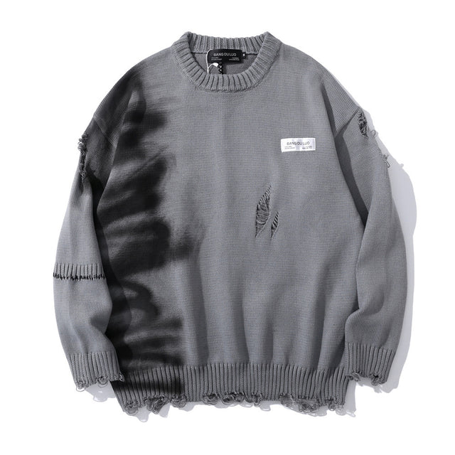 Graffiti Print Crew Neck Knit Sweater Men's Loose Fit Pullover with Hem Holes Street Style Trendy Design - V.I.P Digital Presence