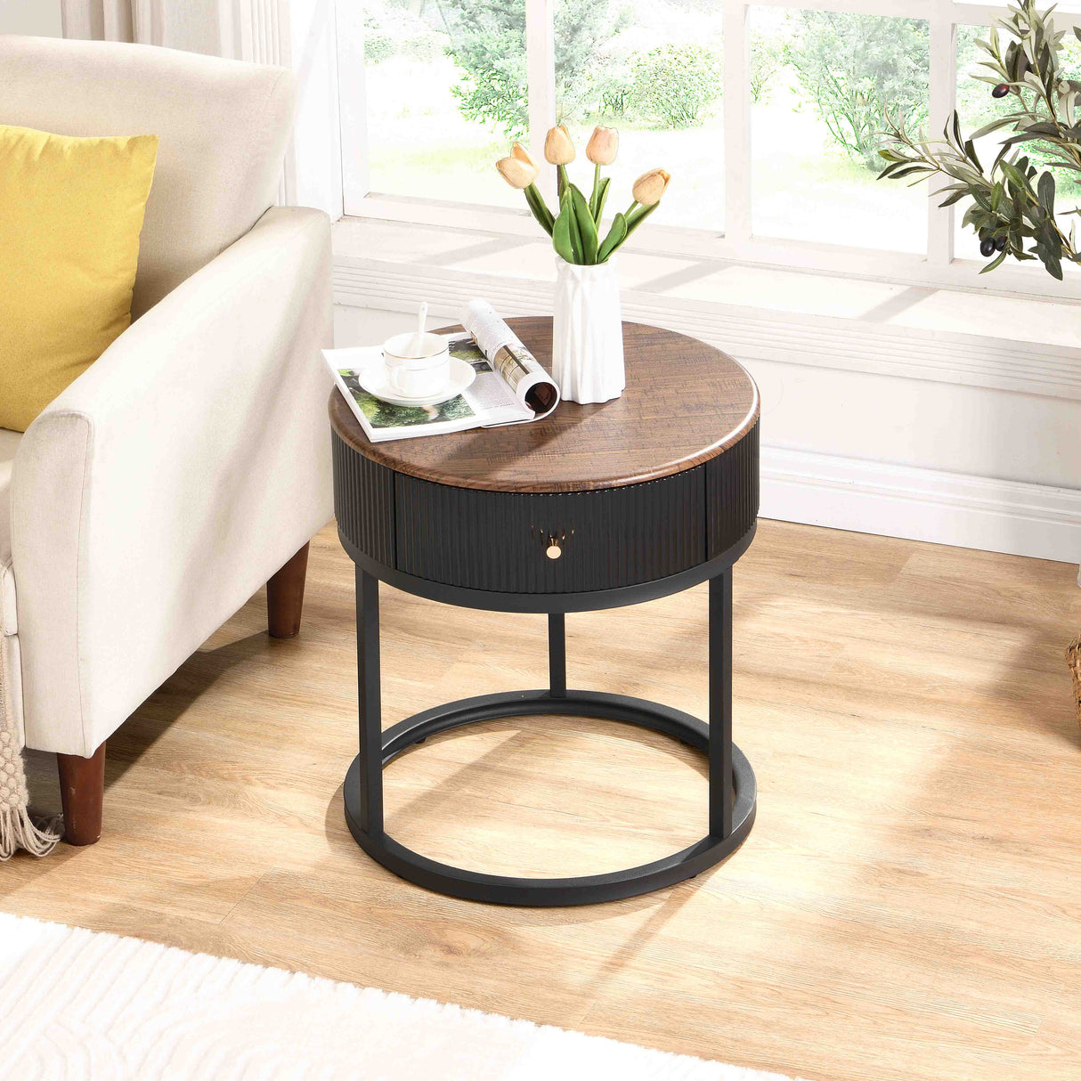 Round Nightstand with Drawer, 19.68 Inch Wood End Table with Storage, Small Table or Living Room, Bedroom and Small Spaces - V.I.P Digital Presence