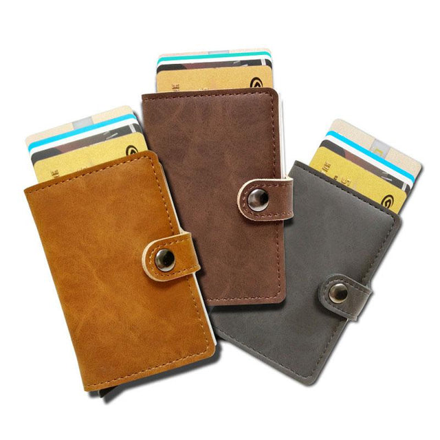 RFID Protected Vintage Automatic Leather Credit Card Holder Men Aluminum Alloy Hasp Business ID Multifunction Cardholder Wallet - V.I.P Digital Presence