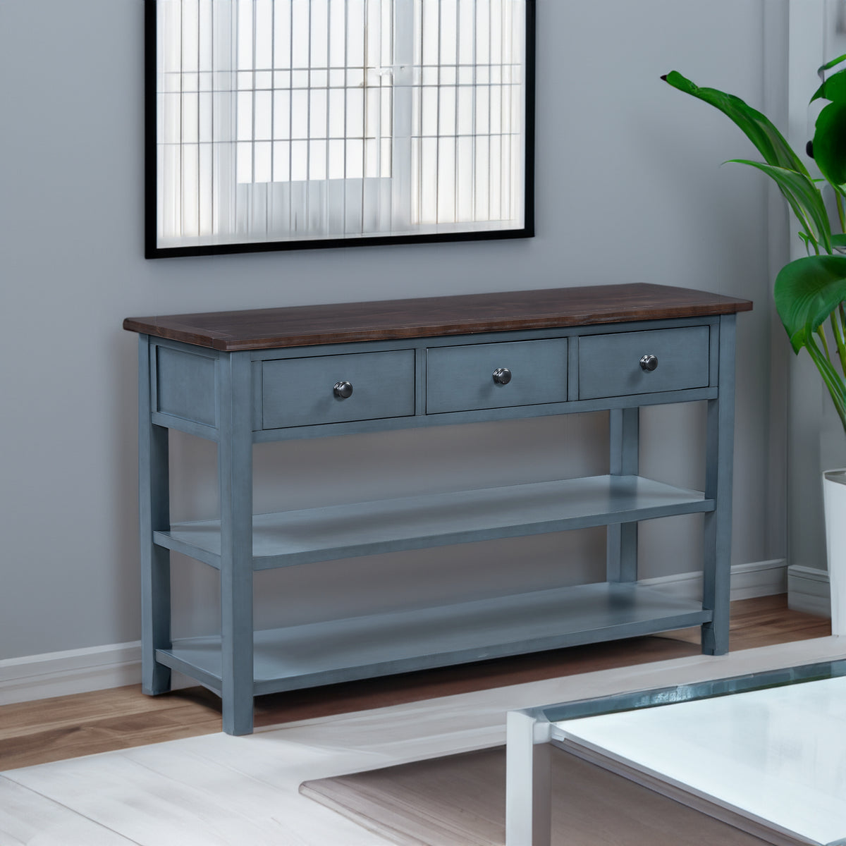 Retro Design Console Table with Two Open Shelves, Pine Solid Wood Frame and Legs for Living Room (Antique Navy+Espresso) - V.I.P Digital Presence