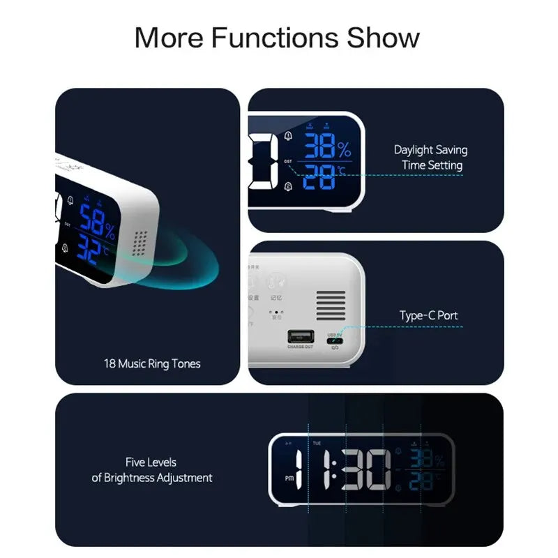 Music LED Digital Alarm Clock Voice Control Temperature Humidity Display Desktop Clocks Home Table Decoration Built-in 1200mAh - V.I.P Digital Presence