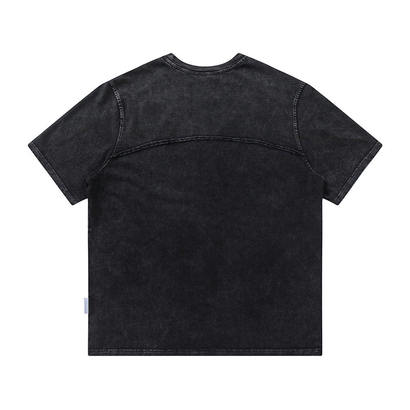 Spliced Raw Edge Short Sleeve T-Shirt Unique Design Hip Hop Men's Washed Vintage Casual Tee - V.I.P Digital Presence