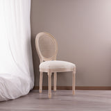 French Style Solid Wood Frame Antique Painting Linen Fabric Rattan Back Dining Chair Set of 2 Cream