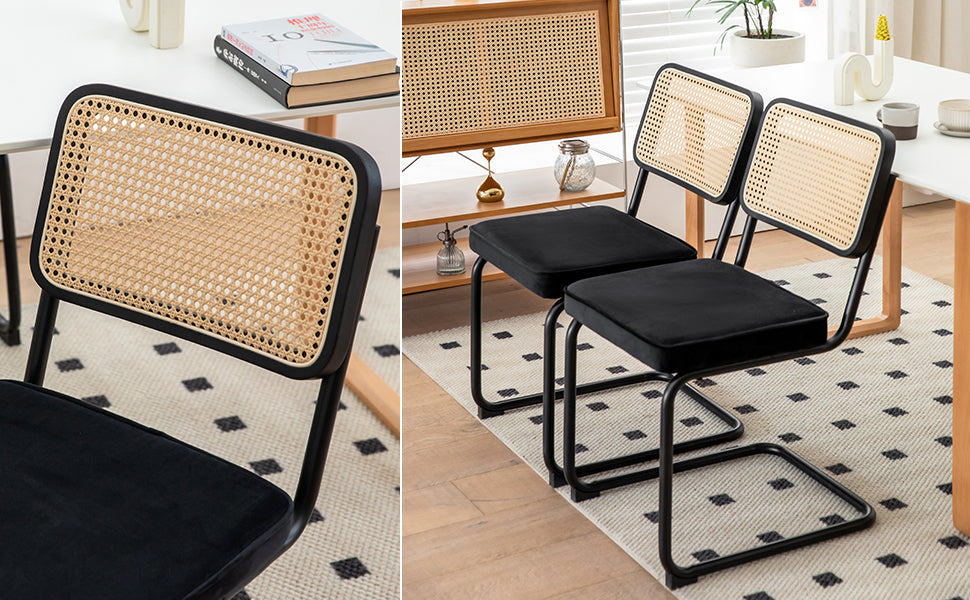 Dining Chairs Set of 2 velvet wicker side decorative chairs, black painted legs, modern medieval Bruell designed chairs, - V.I.P Digital Presence