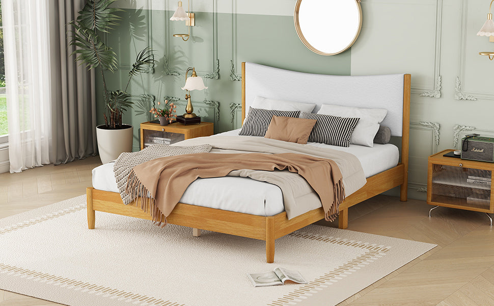 Queen Size Rubber Wooden , Solid Wooden Bed with Teddy Velvet Cushion Upholstered Headboard, Enhanced by Support Feet - V.I.P Digital Presence
