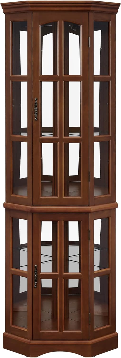 Corner Curio Cabinet with 5 Shelves and Lighting System, Walnut(E26 light bulb not included) - V.I.P Digital Presence