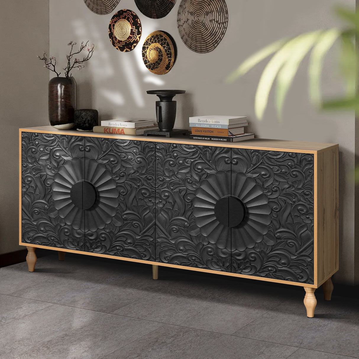 Black Carved Symmetrical Design Door And Wood Coloured Frame For TV Stand Table,Living Room ,Entryway - V.I.P Digital Presence