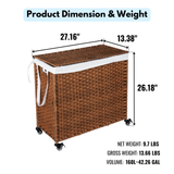 Laundry Hamper With Lid PE Rattan Powder Coating Frame Clothes Hampers with 02 Removable Bags, Wheels, 160L, Brown Color - V.I.P Digital Presence
