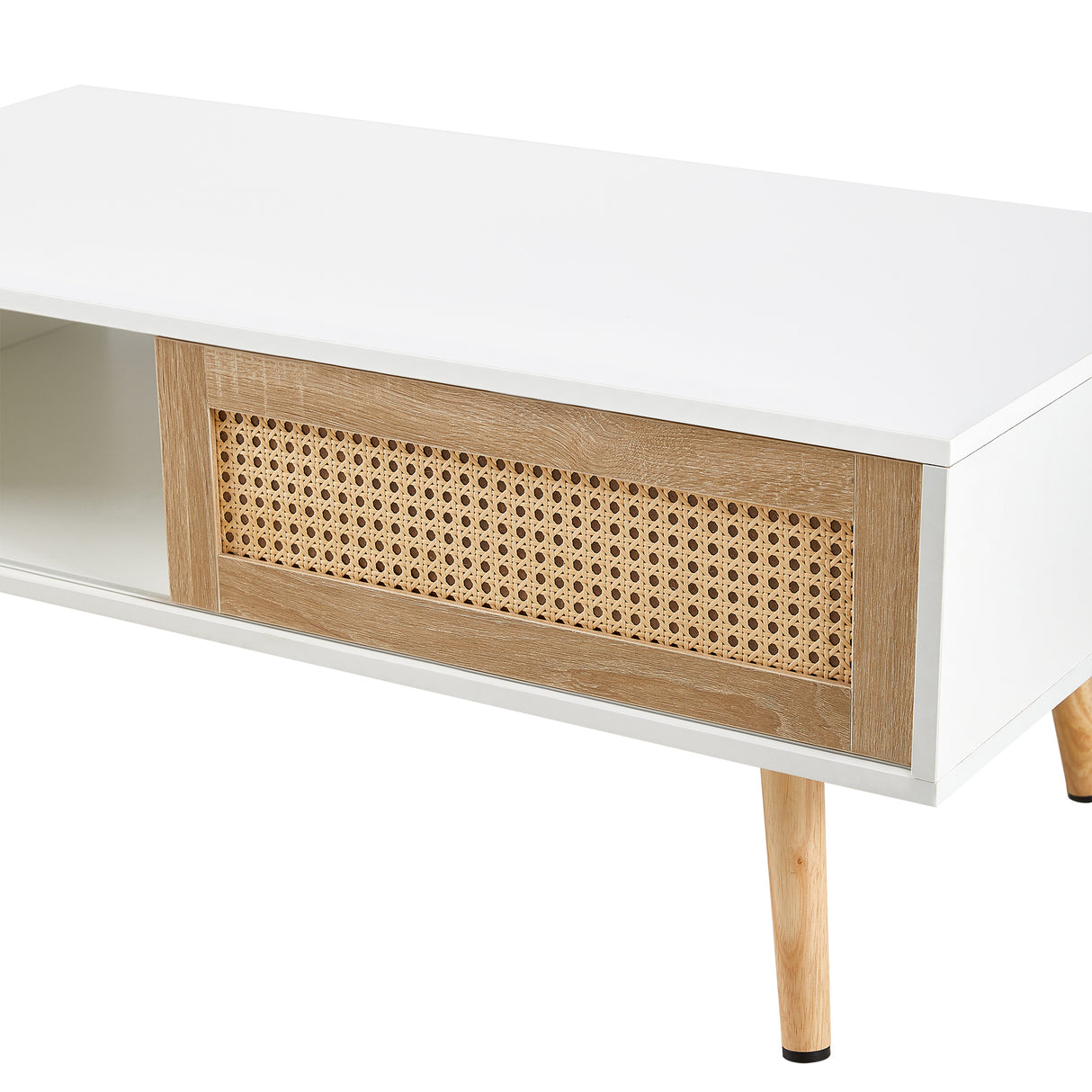 41.34" Rattan Coffee table sliding door for storage solid wood legs White - V.I.P Digital Presence