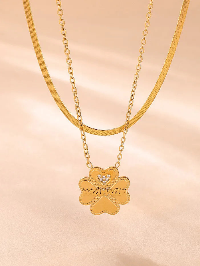 2 Piece 18K Gold-Plated Inlaid Zircon Lucky Clover Necklace - V.I.P Digital Presence