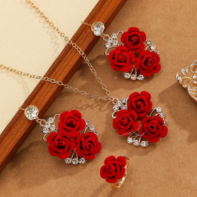 4pcs/Set Romantic Lovely Red Rose Flower Inlaid Rhinestone Pendant Necklaces+Dangle Earrings+Ring，For Women Valentine'S Day Gift - V.I.P Digital Presence