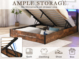 Elevating storage bed frame, full-size bed frame with bookshelf headboard and LED lights, with country brown color - V.I.P Digital Presence