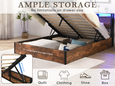 Elevating storage bed frame, full-size bed frame with bookshelf headboard and LED lights, with country brown color - V.I.P Digital Presence