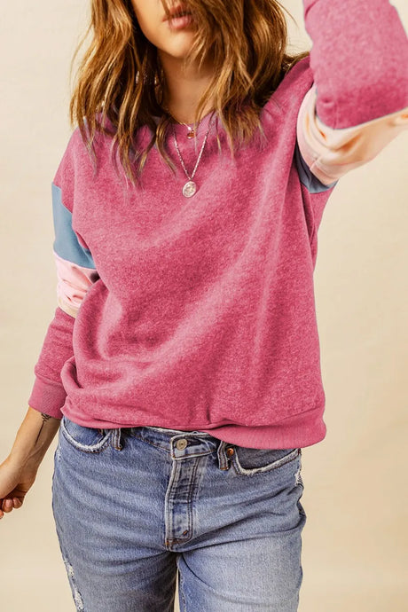 Color Block Round Neck Long Sleeve Sweatshirt - V.I.P Digital Presence