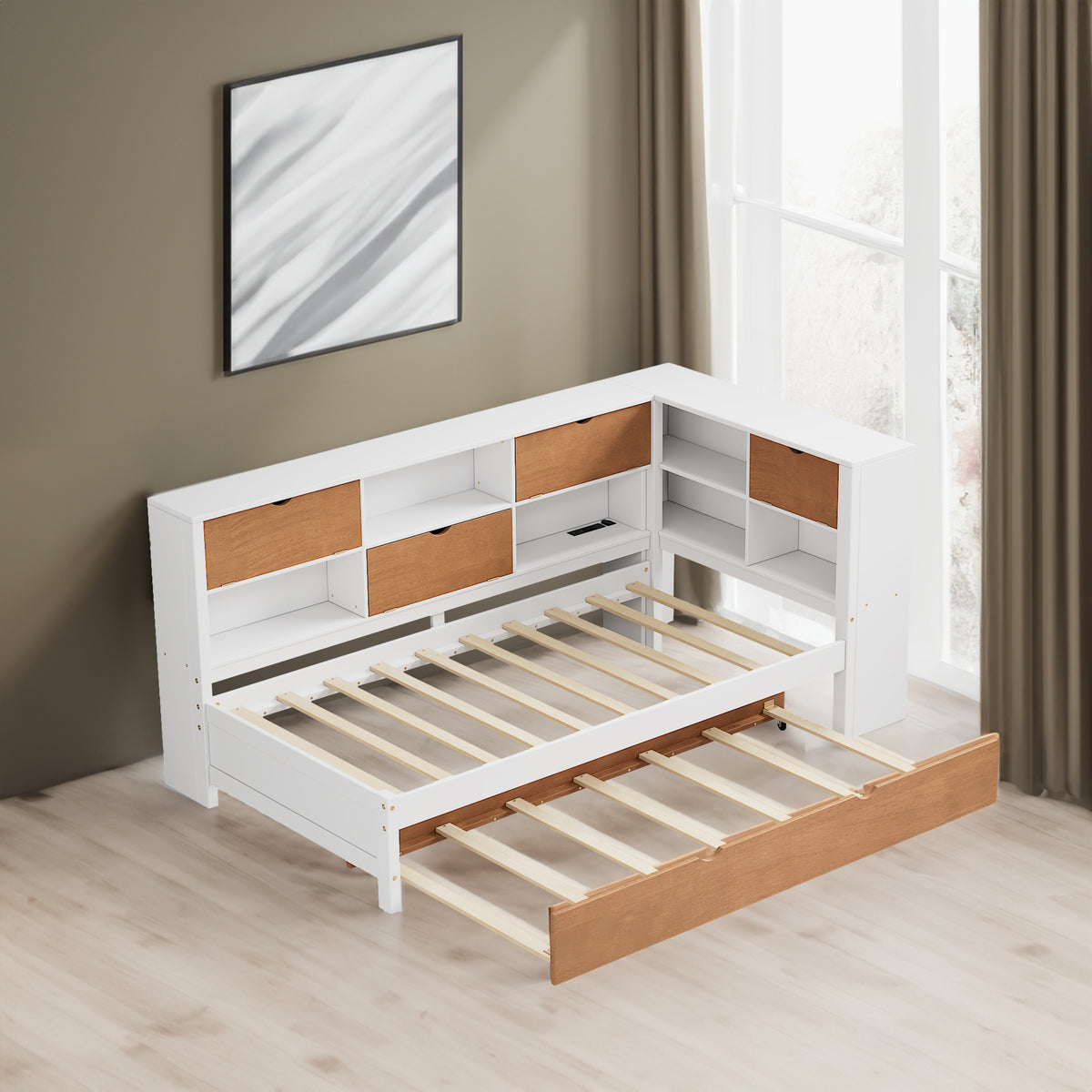 L-shaped bed frame with luggage and bookshelf, corner bed wooden captain's bed LED tube light and USB port walnut and white - V.I.P Digital Presence