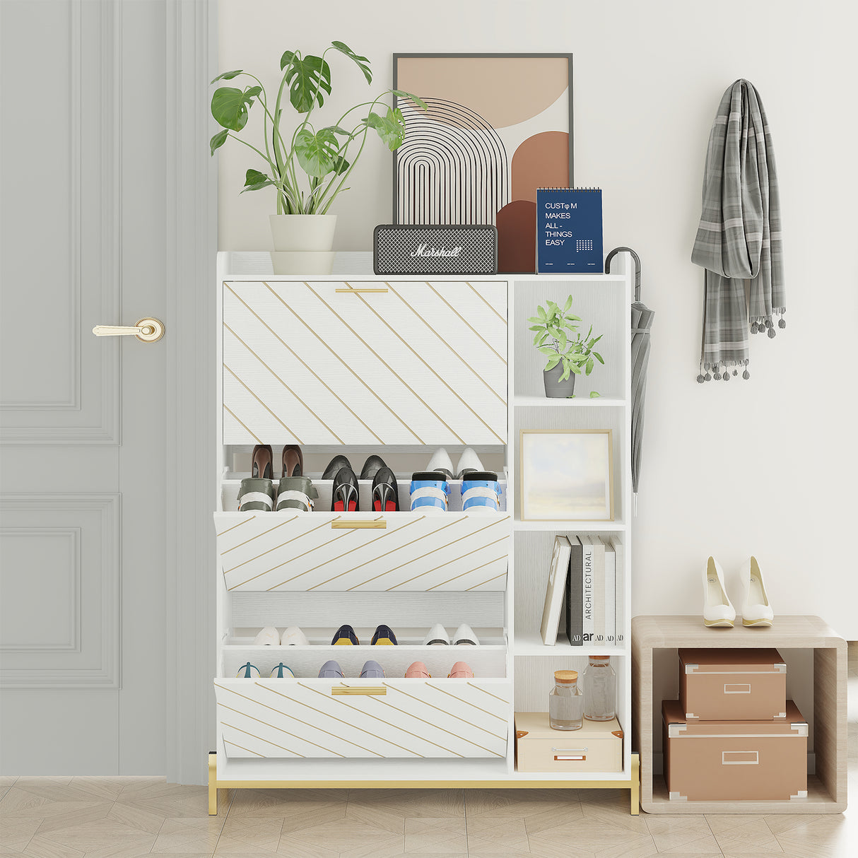 Shoe Cabinet with 3 Flip Drawers & Open Shelves, Modern Entryway Shoe Storage Cabinet Slim, Narrow Hidden Shoe Rack for Heels - V.I.P Digital Presence