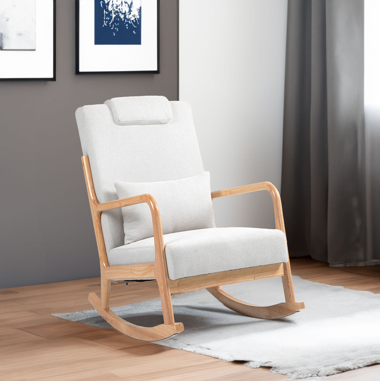 Rocking Chair Upholstered Fabric Rocking Armchair Indoor with High Backrest Glider Chairs and Lumbar Pillow for Living Room - V.I.P Digital Presence