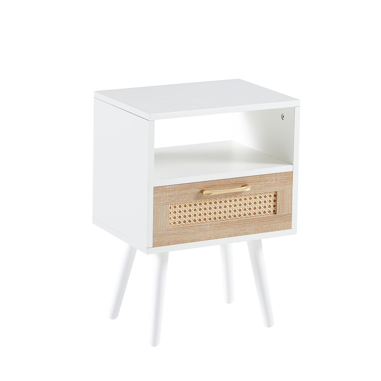 15.75" Rattan End table with drawer and solid wood legs Modern nightstand side table for living room  white - V.I.P Digital Presence