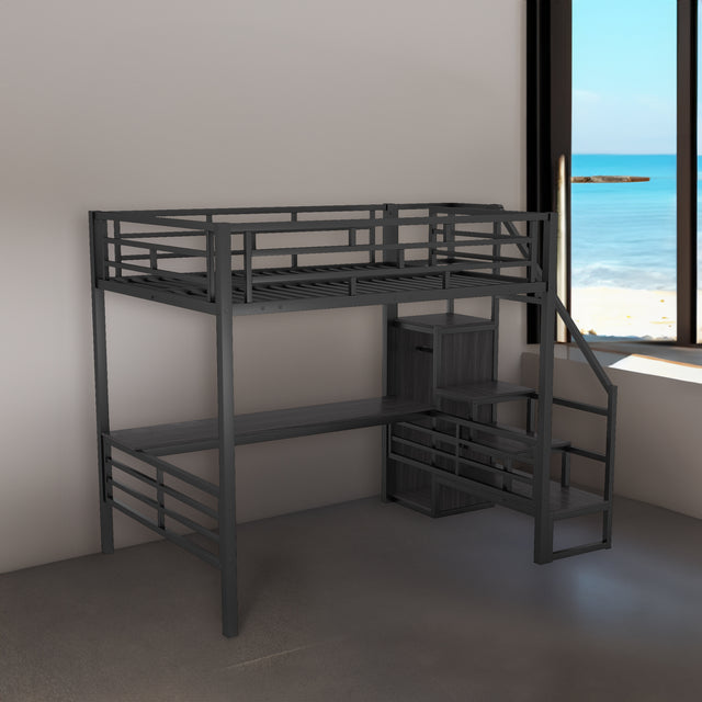 Full Size Metal Loft Bed with Desk, Storage Staircase and Small Wardrobe, Storage stairs can be installed left and right,Black - V.I.P Digital Presence