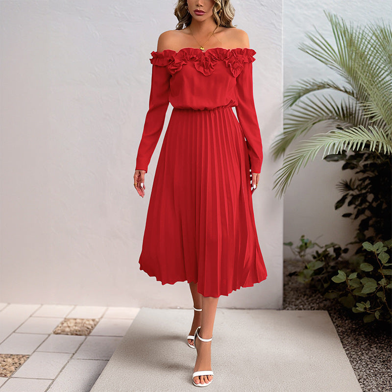 One-Shoulder Long Sleeve Solid Color Women's Dress - V.I.P Digital Presence