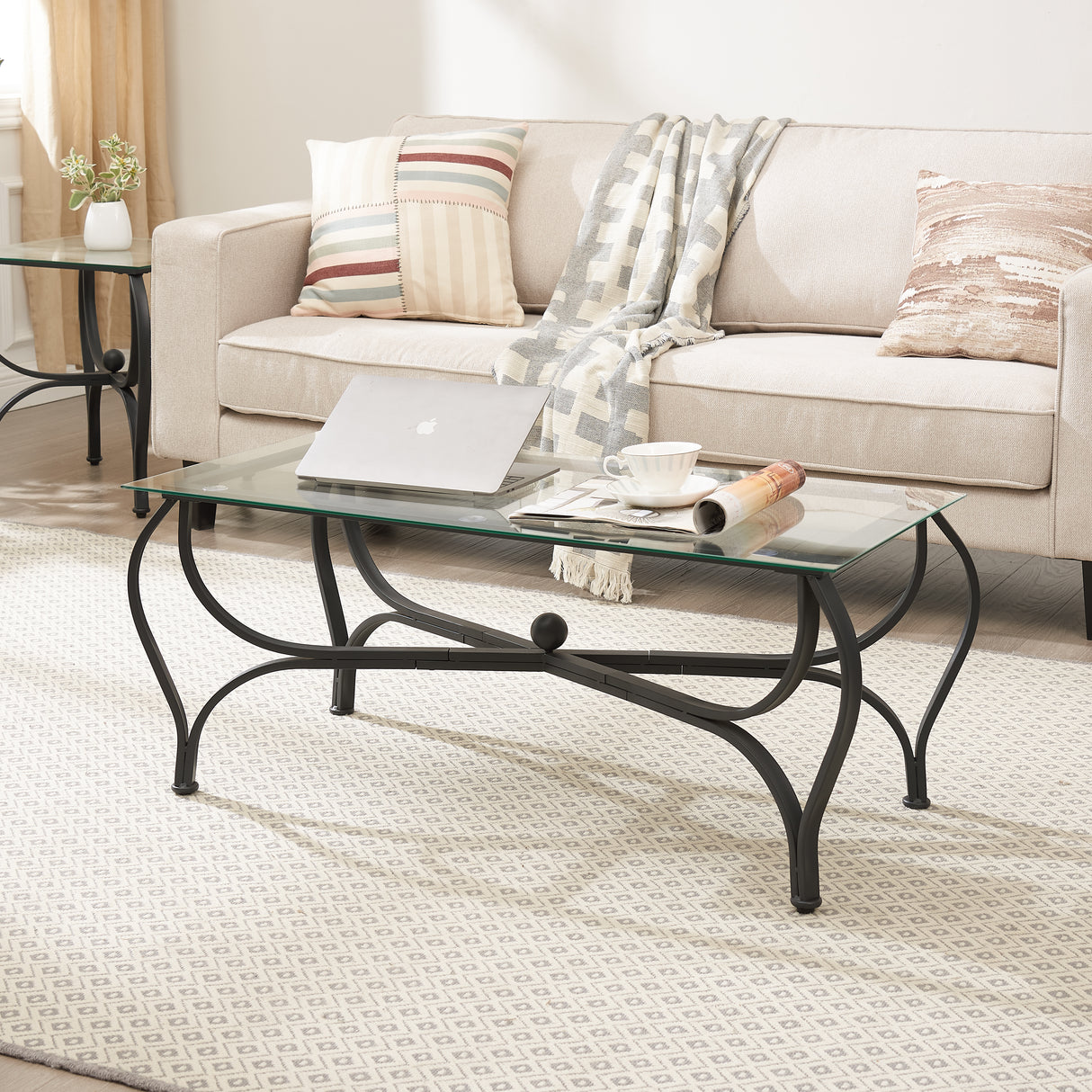 Tempered glass surface 3-piece coffee table decoration rectangular coffee table with 2 square end tables (country black) - V.I.P Digital Presence