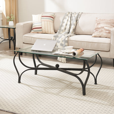 Tempered glass surface 3-piece coffee table decoration rectangular coffee table with 2 square end tables (country black) - V.I.P Digital Presence