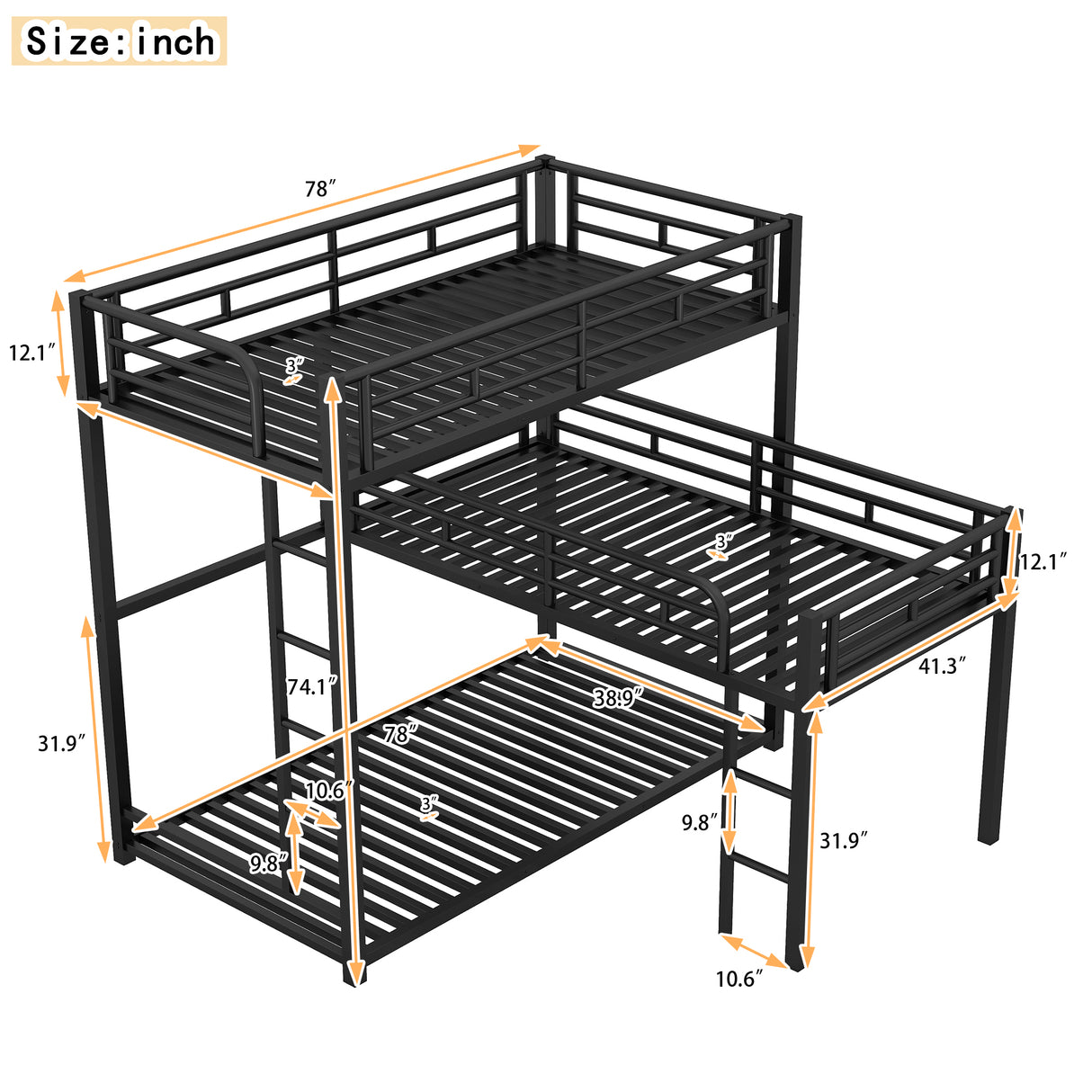 L-shaped Metal Triple Twin Size Bunk Bed, Black - V.I.P Digital Presence