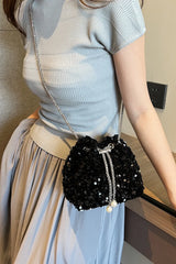 Sequin Chain Drawstring Bucket Bag - V.I.P Digital Presence