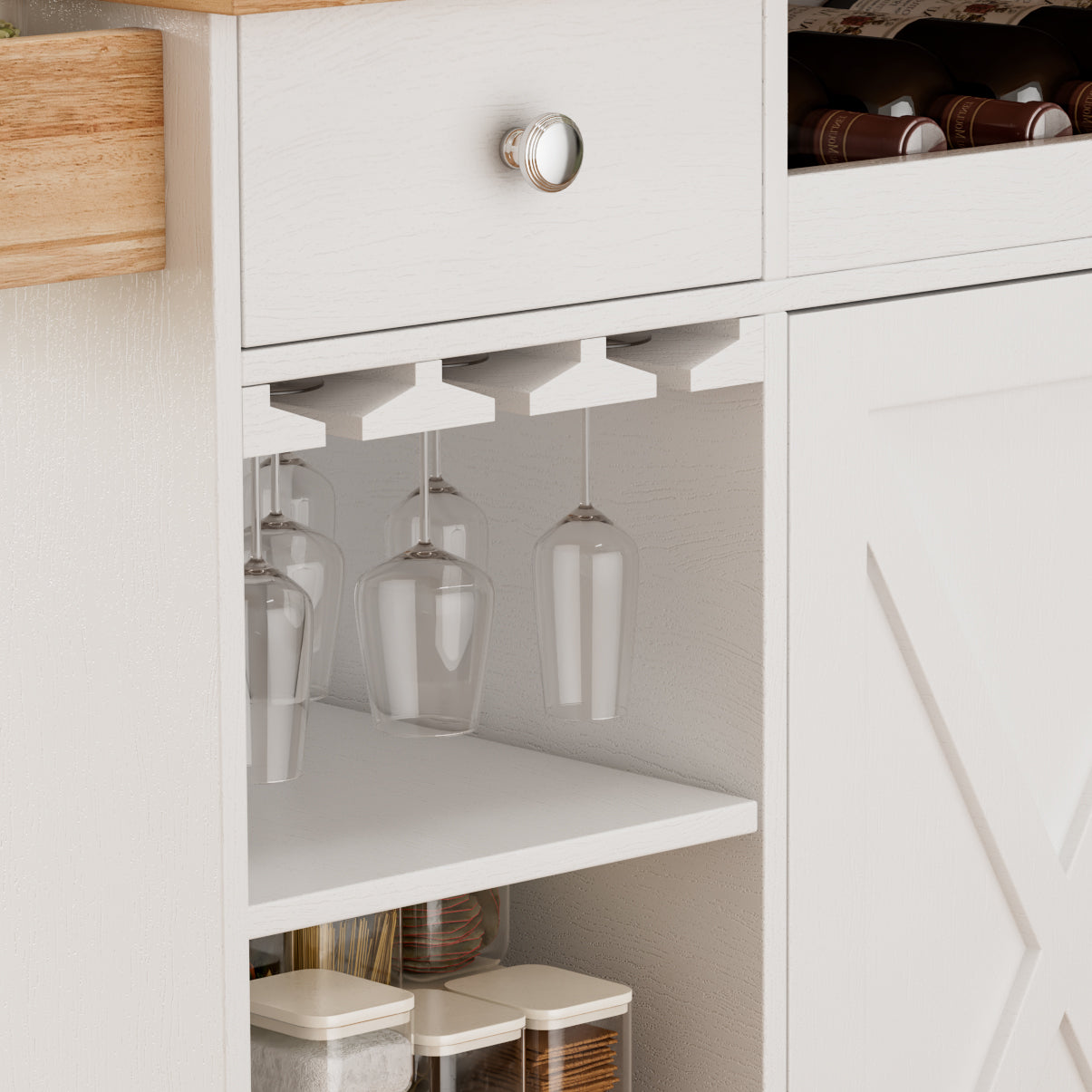 44 Inch Kitchen Island Cart with Solid Wood Top, Wine Storage, Spice Rack, Towel Rack, Wine Glass Holder White & Oak - V.I.P Digital Presence