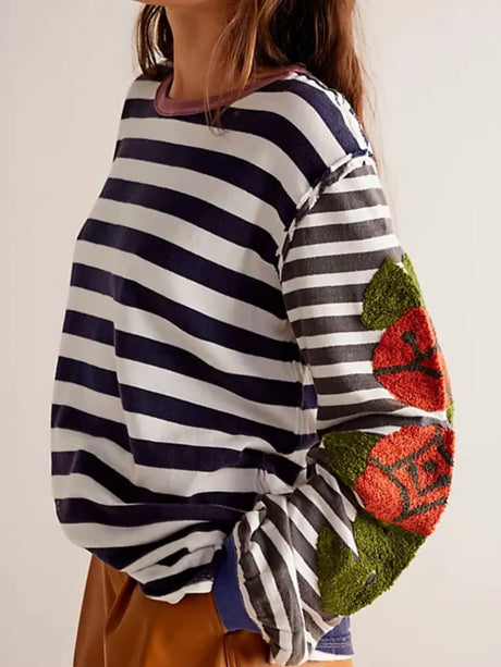 Striped Round Neck Long Sleeve Sweatshirt - V.I.P Digital Presence