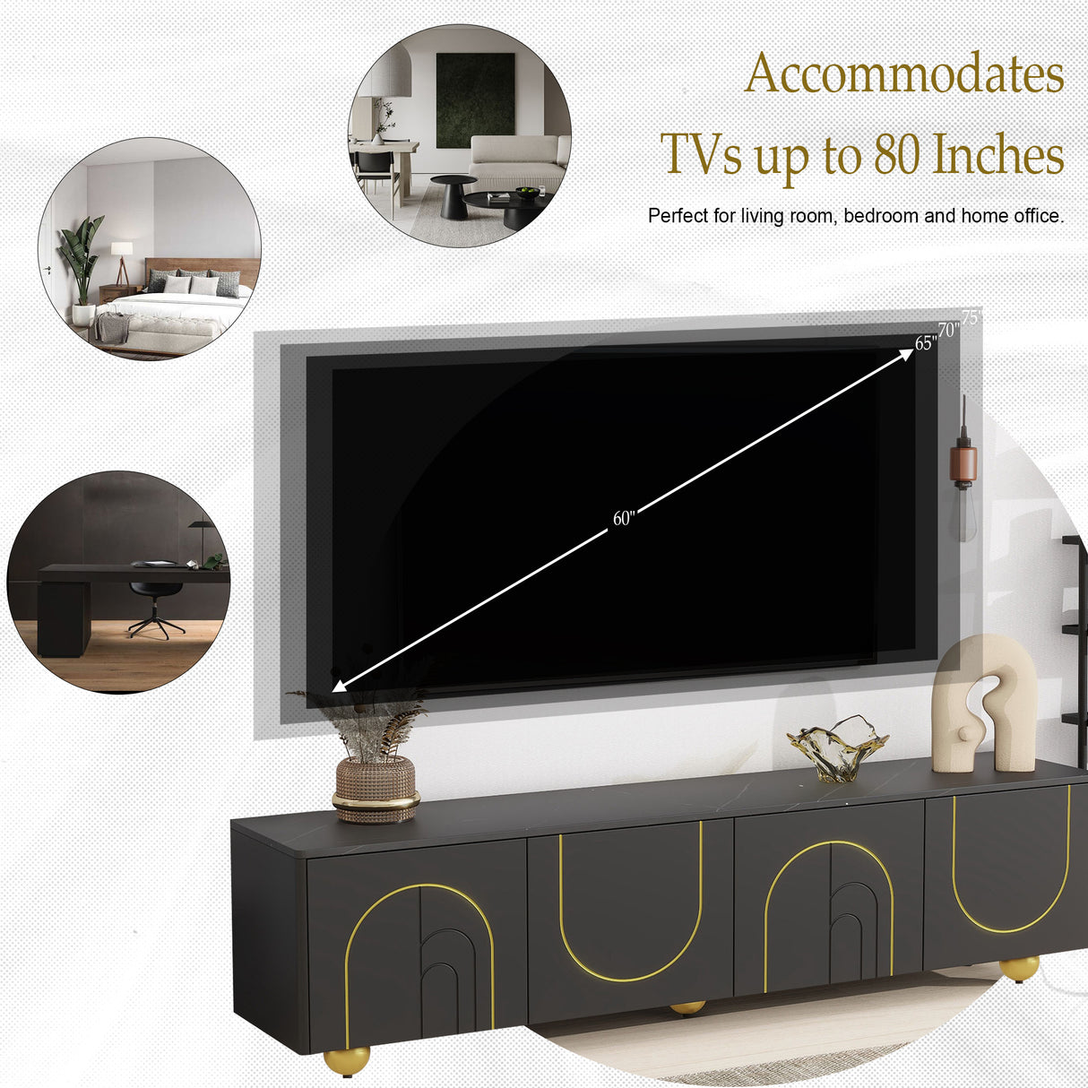 U-Can modern TV stand is suitable for TVs under 75 inches and comes with a storage cabinet top marble pattern and circular stand - V.I.P Digital Presence