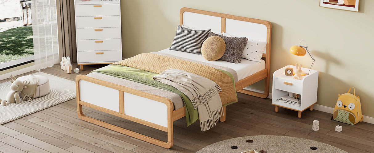 Modern Style Queen Size Solid Wood Platform Bed for Kids, Teens, Adults, No Need Box Spring, Walnut and White - V.I.P Digital Presence