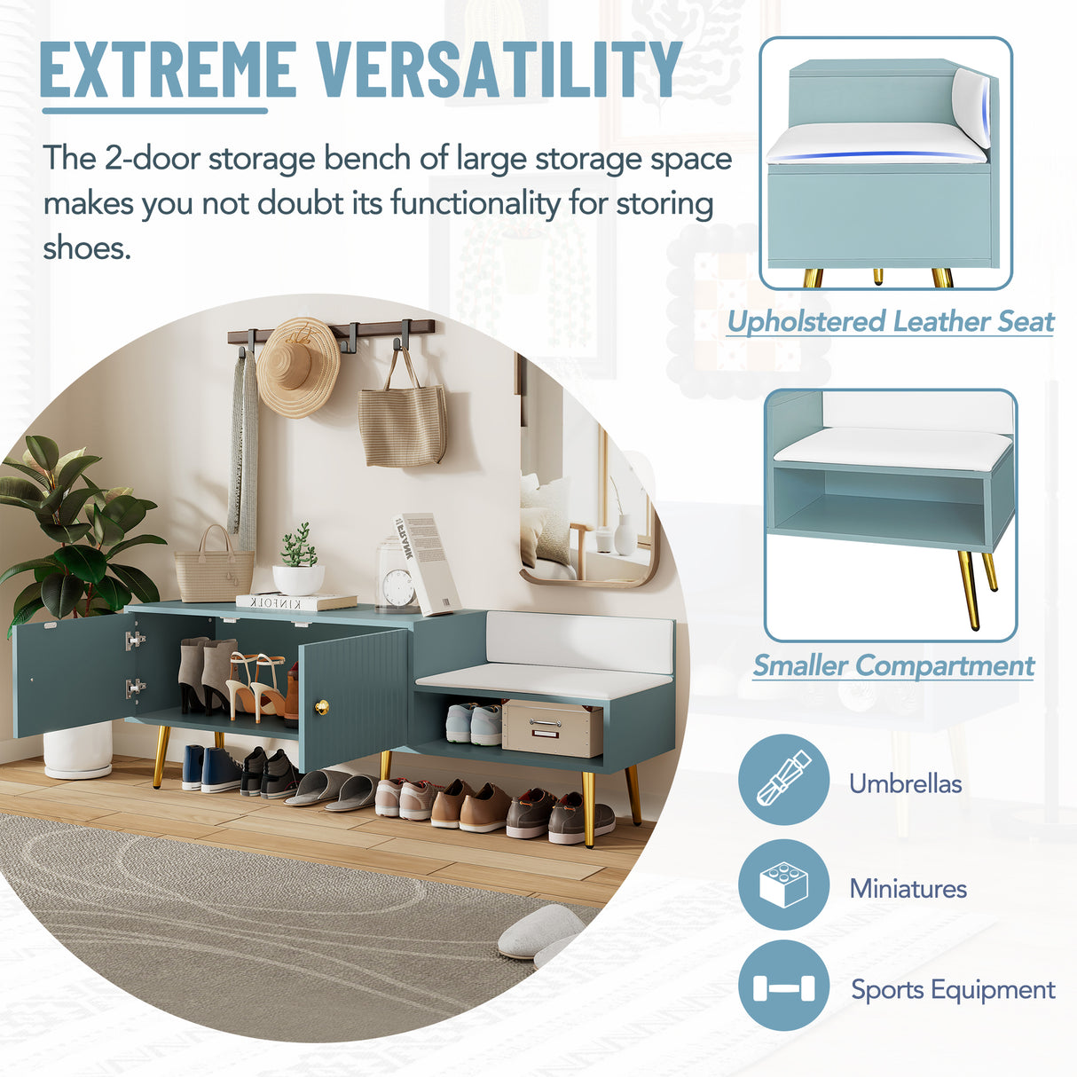Modern Shoe Storage Bench with Hidden Storage and Upholstered Cushions for Bedside, Living Room and Entryway (Tiffany Blue) - V.I.P Digital Presence