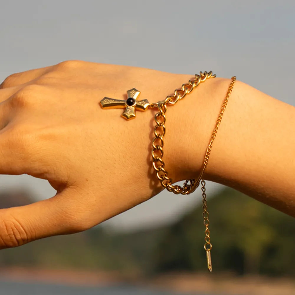 Stainless Steel Imitation Gemstone Cross Shape Pendant Bracelet - V.I.P Digital Presence