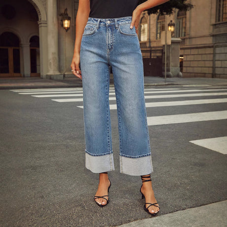 Straight leg jeans women's retro rolled edge high waisted pants - V.I.P Digital Presence