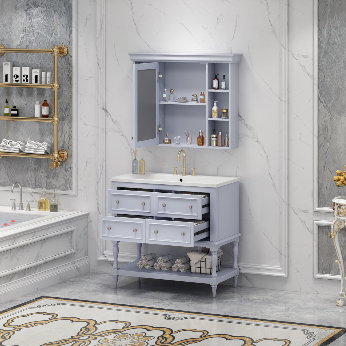 36'' Bathroom Vanity with Medicine Cabinet, Modern Mirror Cabinet with Adjustable Shelf, Bathroom Storage Cabinet with 4 Drawers - V.I.P Digital Presence
