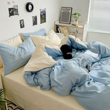 Washed Cotton Solid Color Double Spliced Four-Piece Bedding Set - Sheet, Quilt Cover, Pillowcases for Employee and Dormitory Use