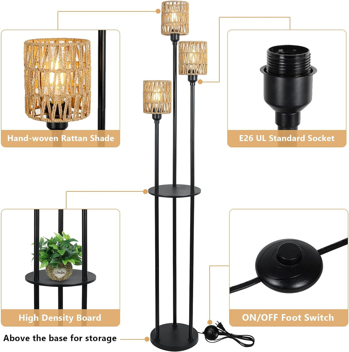 Boho Floor Lamp with Shelves 3-Lights Farmhouse Tall Floor Lamp with ON/OFF Foot Switch Rustic Standing Lamp with Rattan Shades - V.I.P Digital Presence