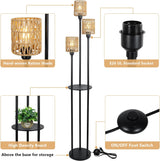 Boho Floor Lamp with Shelves 3-Lights Farmhouse Tall Floor Lamp with ON/OFF Foot Switch Rustic Standing Lamp with Rattan Shades - V.I.P Digital Presence