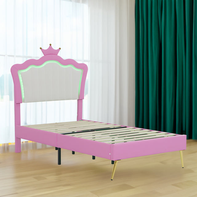 Twin Size Upholstered Bed Frame with LED Lights, Modern Upholstered Princess Bed with Crown Headboard, Pink+White - V.I.P Digital Presence