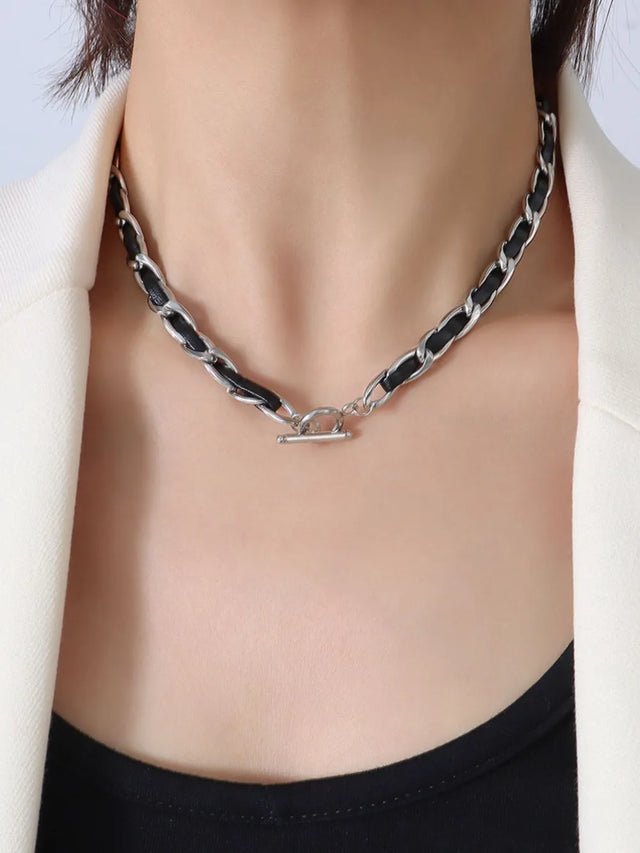 Hip hop design neck chain titanium steel plated 18k real gold leather rope necklace - V.I.P Digital Presence